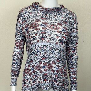 Lucky‎ Brand Women's L Knit Top Floral Print High-Low Turtleneck Split Back Boho